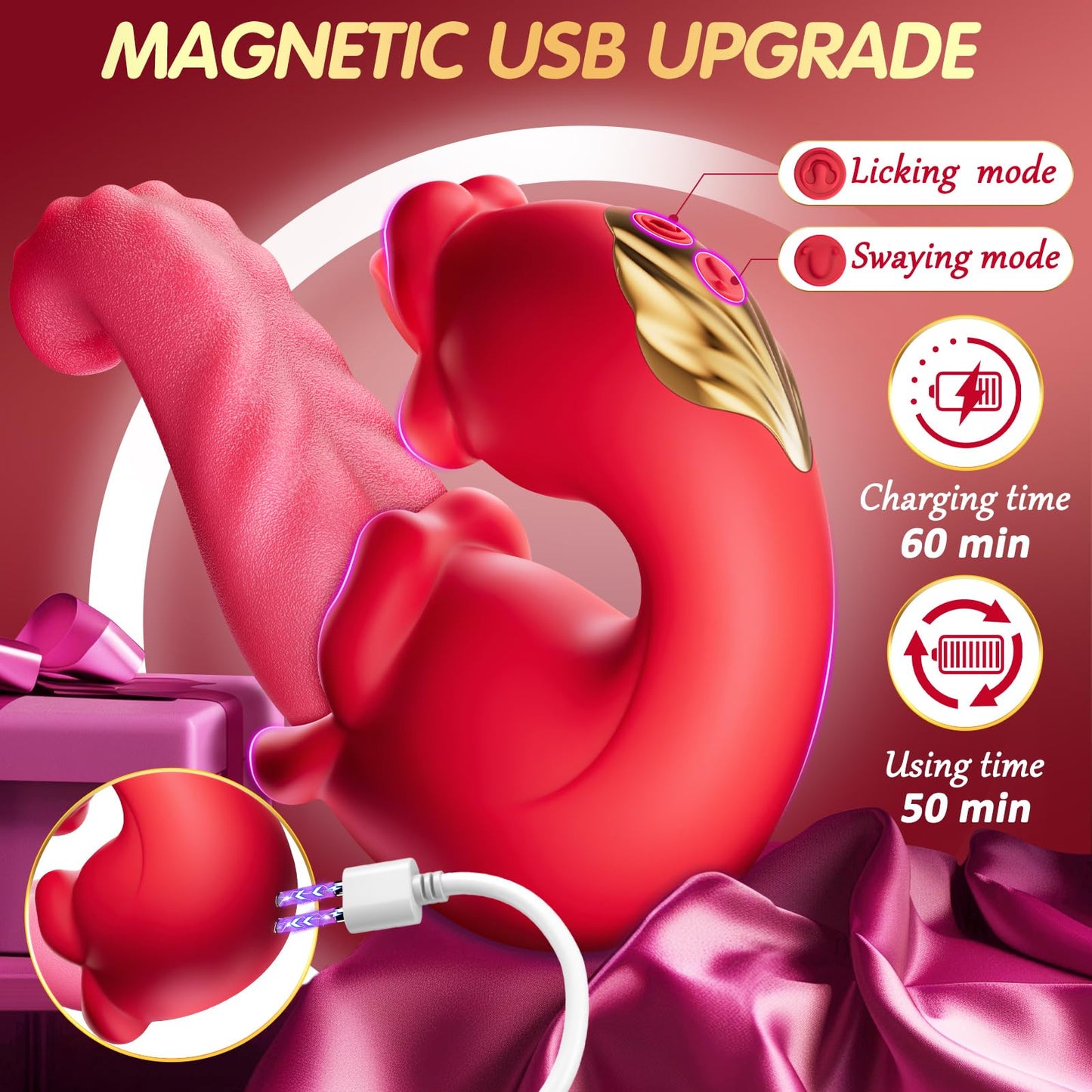 4 in 1 Tongue Thrusting Vibrators Dildo Rose Sex Toys with 10 Licking Clitoral